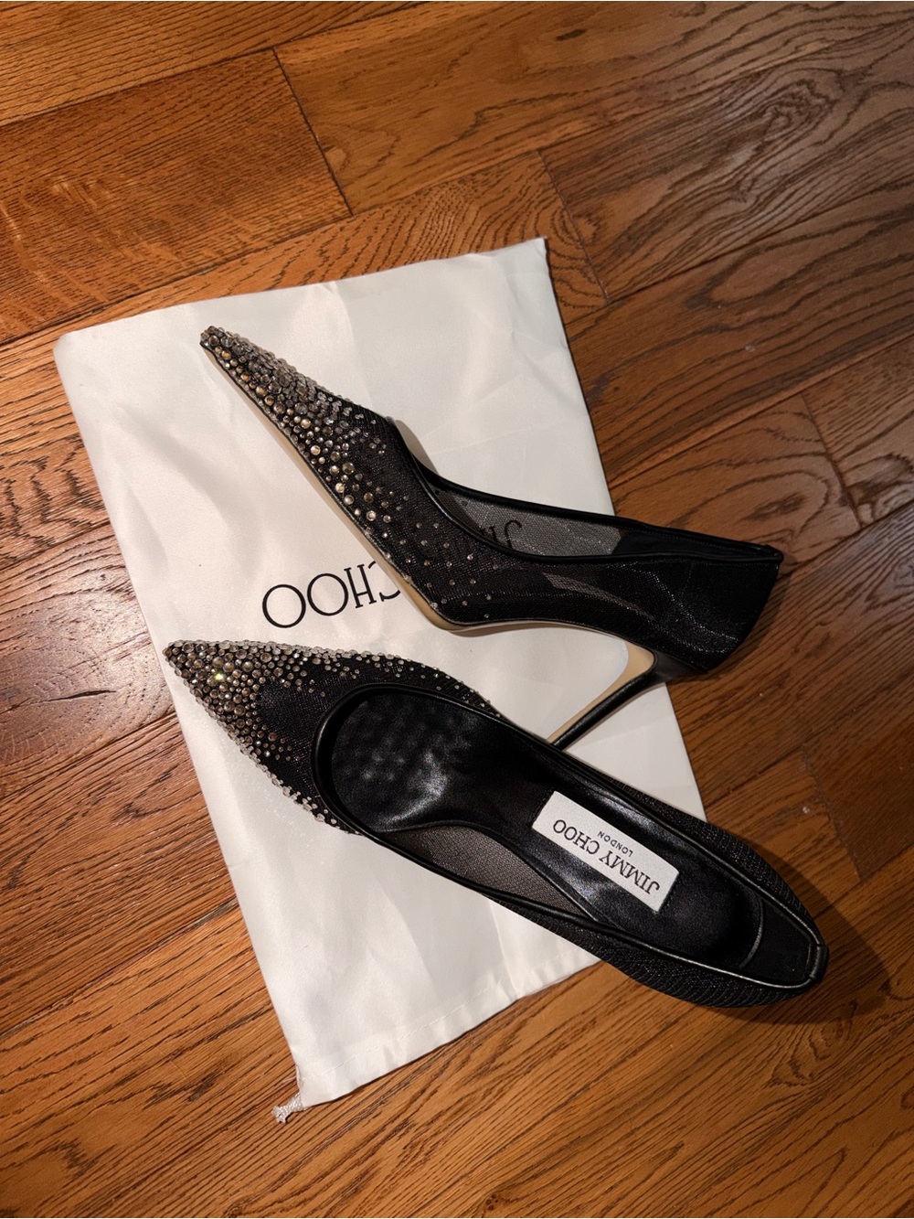 Jimmy Choo Black Mesh Pointed Crystal Embellished Pumps